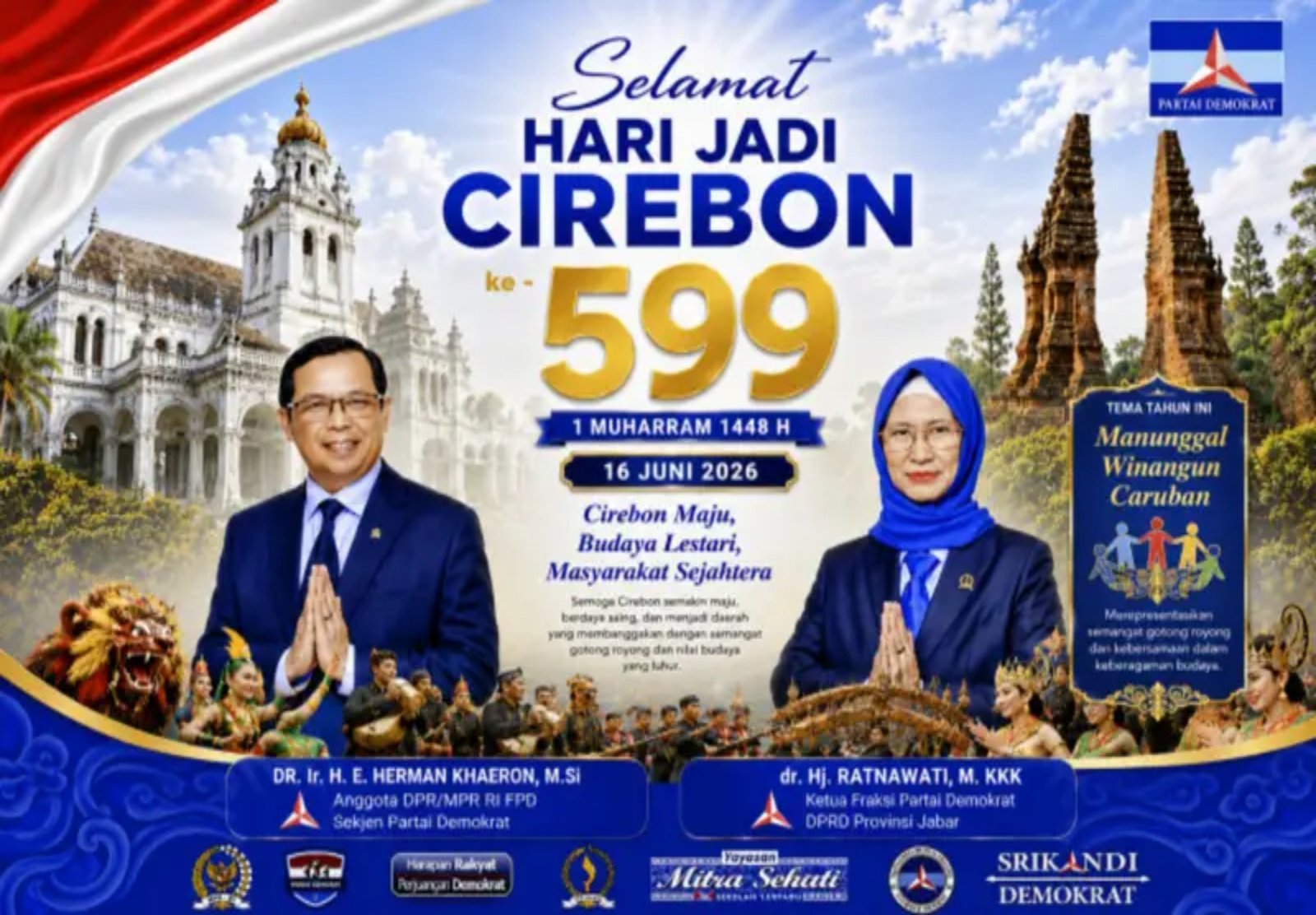 Hj. Ratnawati bersama H. Herman Khaeron menyampaikan ucapan selamat serta doa terbaik bagi kemajuan dan kesejahteraan masyarakat Cirebon.