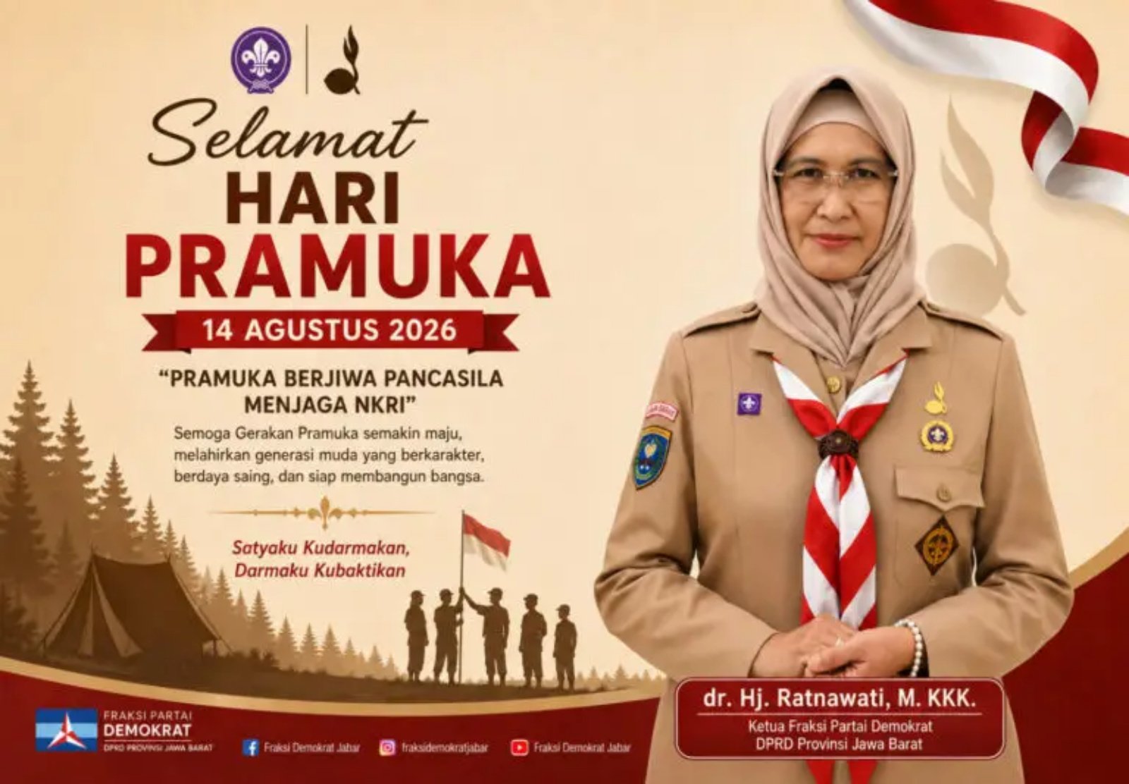 Hj. Ratnawati, mengajak generasi muda menjadikan Gerakan Pramuka sebagai wadah membangun karakter, kemandirian, dan semangat cinta tanah air.